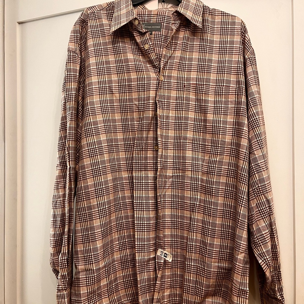 Hickey Freeman Brown and Tan Plaid Shirt